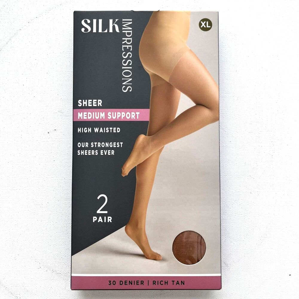 NEW SILK Impressions Rich Tan Sheer Medium Support Pantyhose XL 30 Denier 2pr‎
